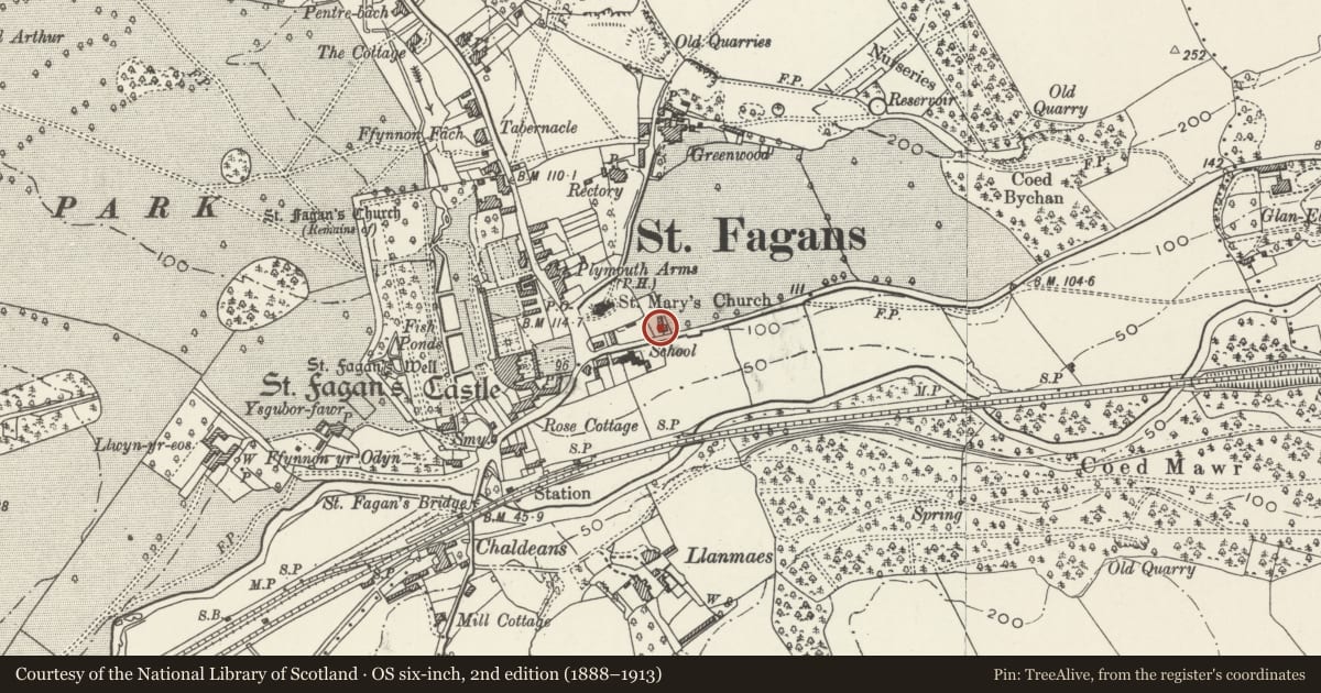 Ordnance Survey six-inch map, 2nd edition (1888–1913) covering the location of 2 Cardiff Road, St. Fagans, Cardiff, with a pin at the register's coordinates