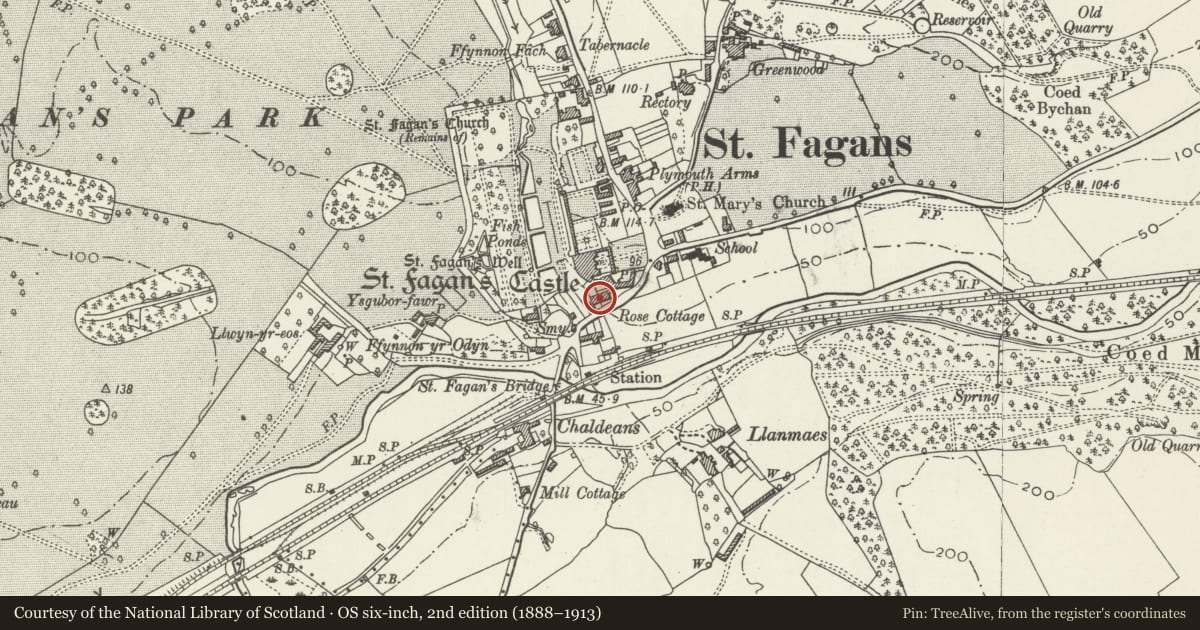 Ordnance Survey six-inch map, 2nd edition (1888–1913) covering the location of 3 Castle Hill, St. Fagans, Cardiff, with a pin at the register's coordinates