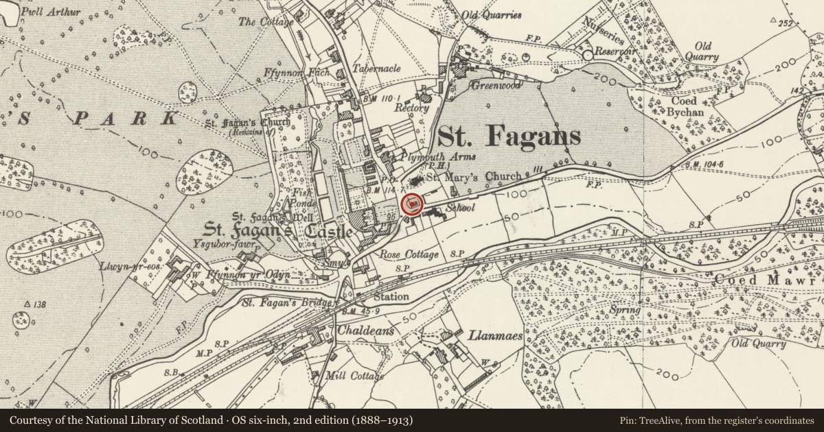 Ordnance Survey six-inch map, 2nd edition (1888–1913) covering the location of 4 Cardiff Road, St. Fagans, Cardiff, with a pin at the register's coordinates