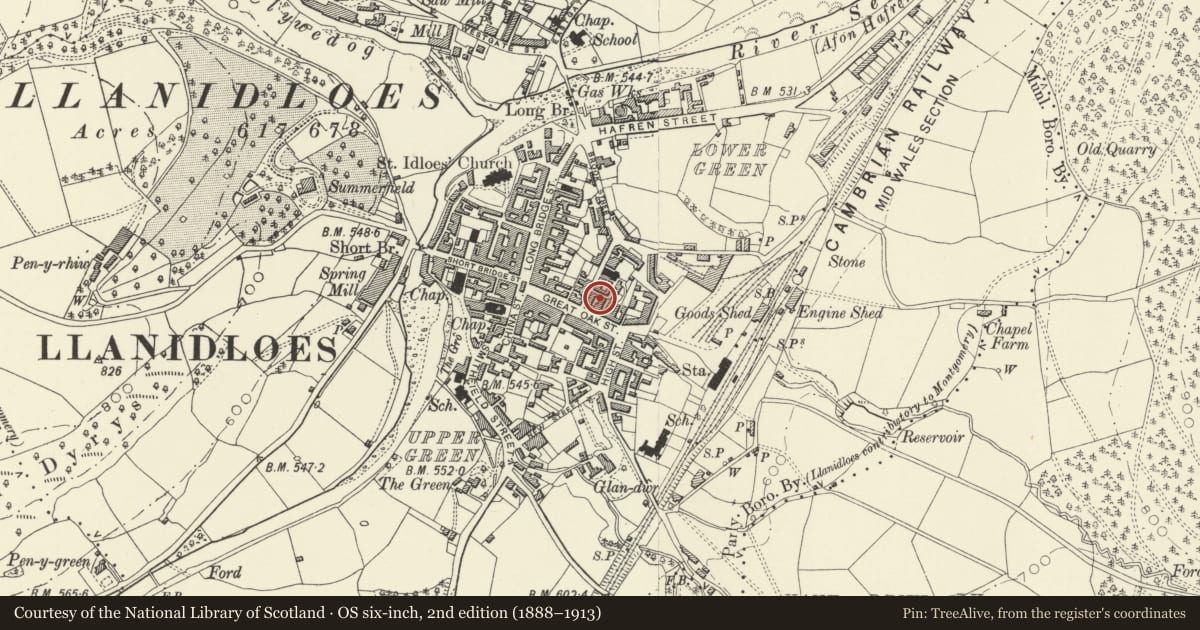 Ordnance Survey six-inch map, 2nd edition (1888–1913) covering the location of Warehouse in the Courtyard to the rear of Nos. 22-25, Llanidloes, Powys, with a pin at the register's coordinates