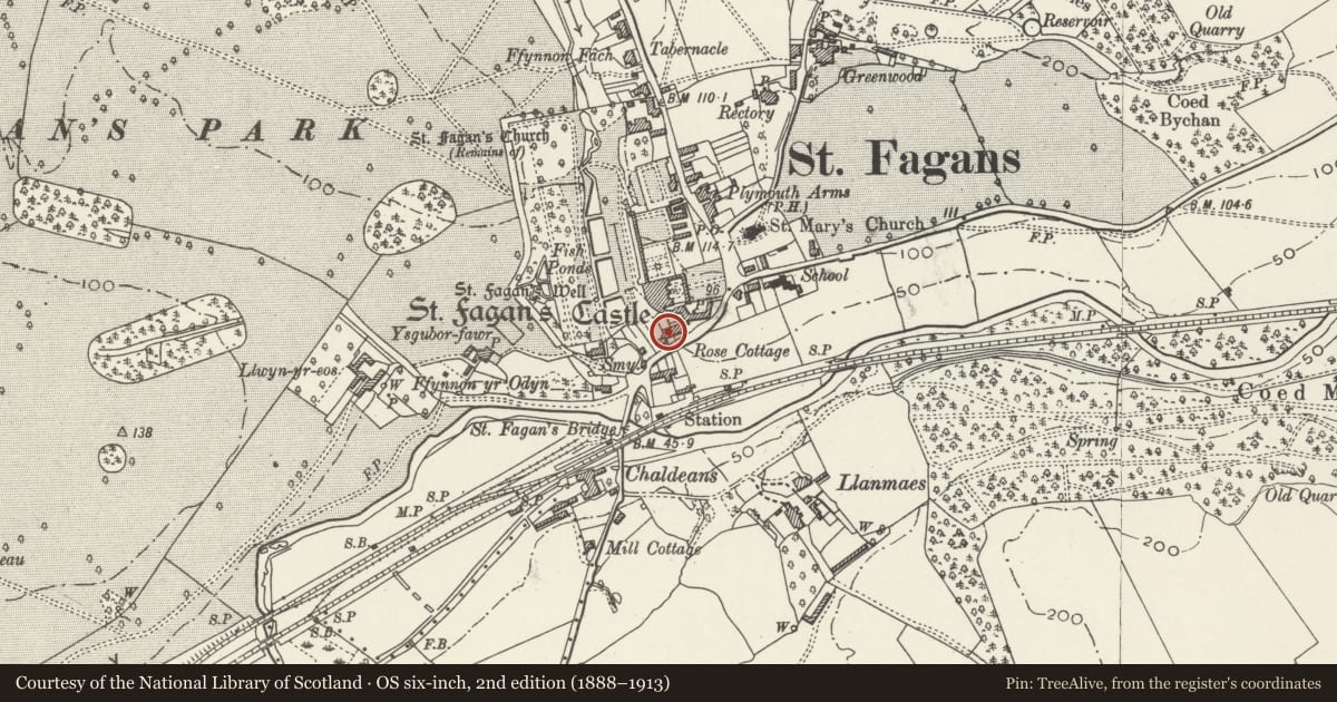 Ordnance Survey six-inch map, 2nd edition (1888–1913) covering the location of 4 Castle Hill, St. Fagans, Cardiff, with a pin at the register's coordinates