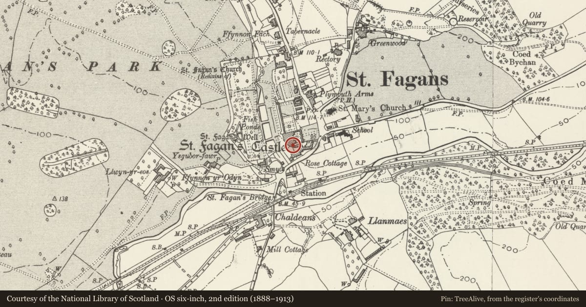 Ordnance Survey six-inch map, 2nd edition (1888–1913) covering the location of Curtain Walls of St Fagans Castle with attached Bothies in the Service Yard, St. Fagans, Cardiff, with a pin at the register's coordinates