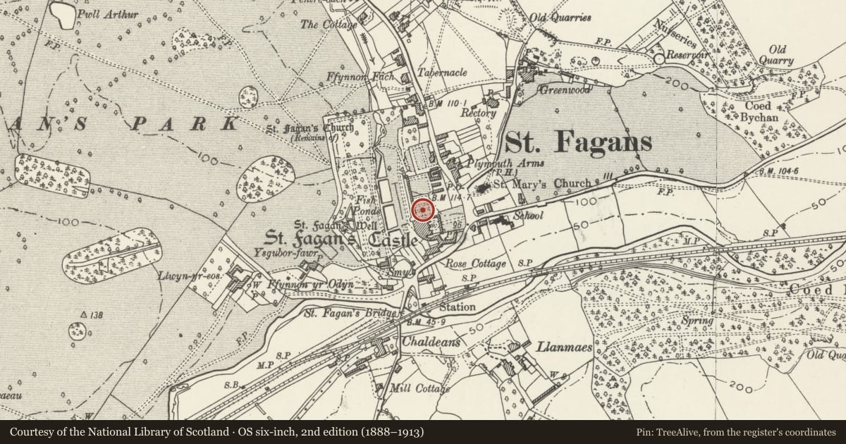 Ordnance Survey six-inch map, 2nd edition (1888–1913) covering the location of Fountain to north of St Fagans Castle in the Dutch Garden, St. Fagans, Cardiff, with a pin at the register's coordinates