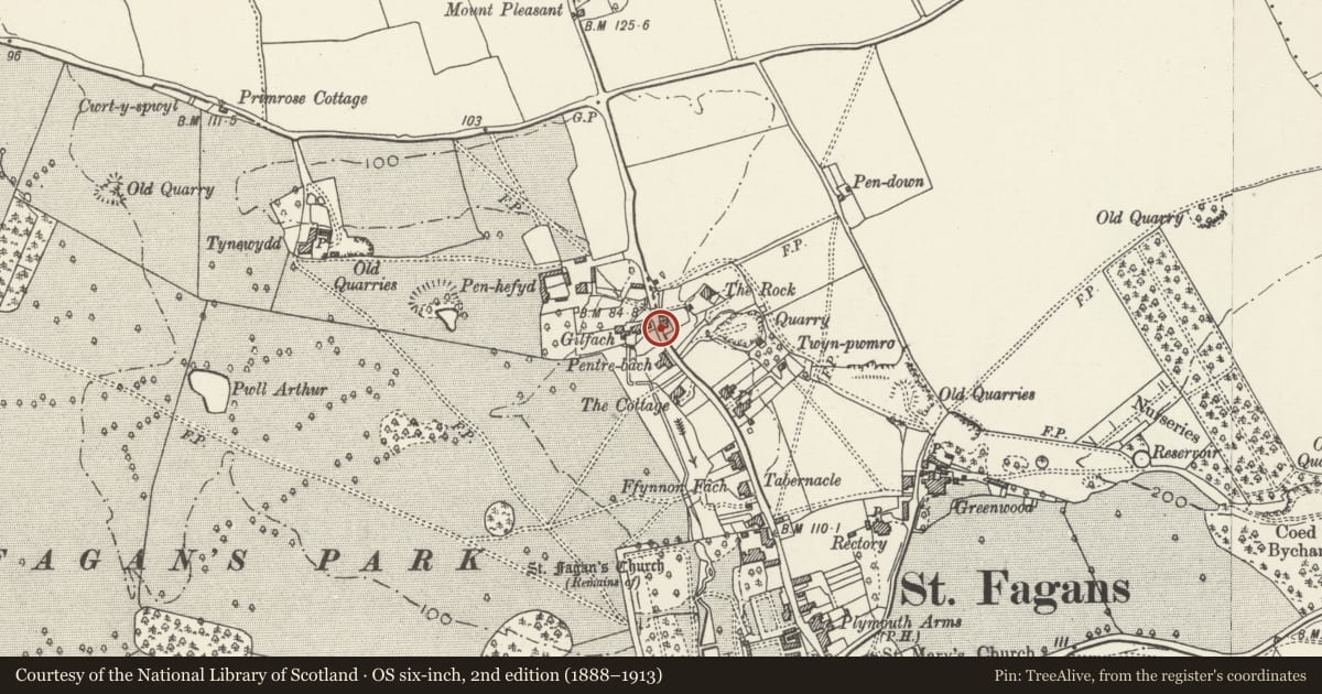 Ordnance Survey six-inch map, 2nd edition (1888–1913) covering the location of Front Garden Wall of Rose Cottage, St. Fagans, Cardiff, with a pin at the register's coordinates