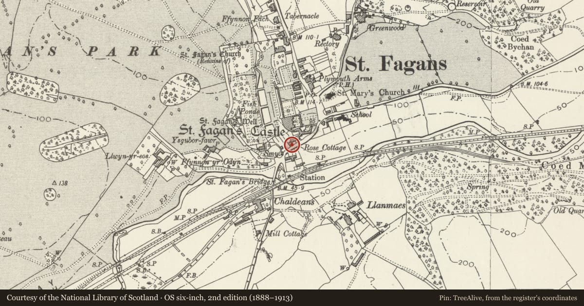 Ordnance Survey six-inch map, 2nd edition (1888–1913) covering the location of Front Garden Wall, St. Fagans, Cardiff, with a pin at the register's coordinates