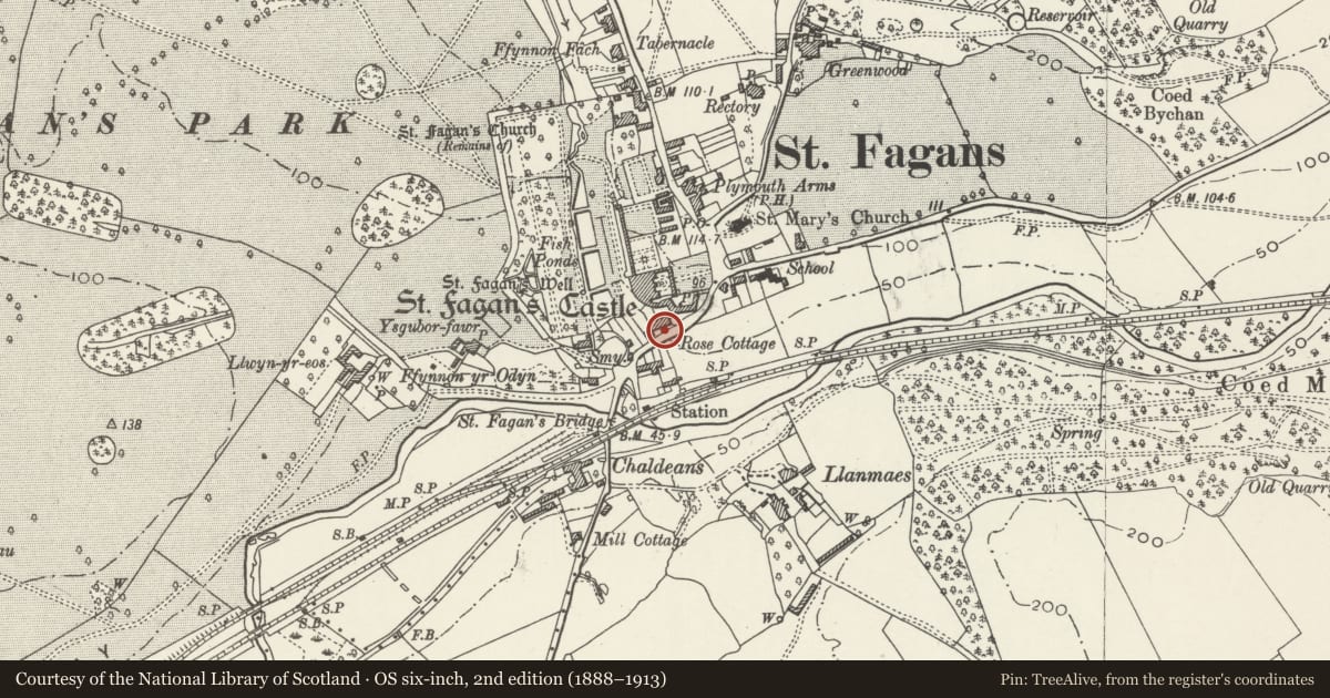 Ordnance Survey six-inch map, 2nd edition (1888–1913) covering the location of Front Garden Walls of Nos 1-4 (consec), St. Fagans, Cardiff, with a pin at the register's coordinates