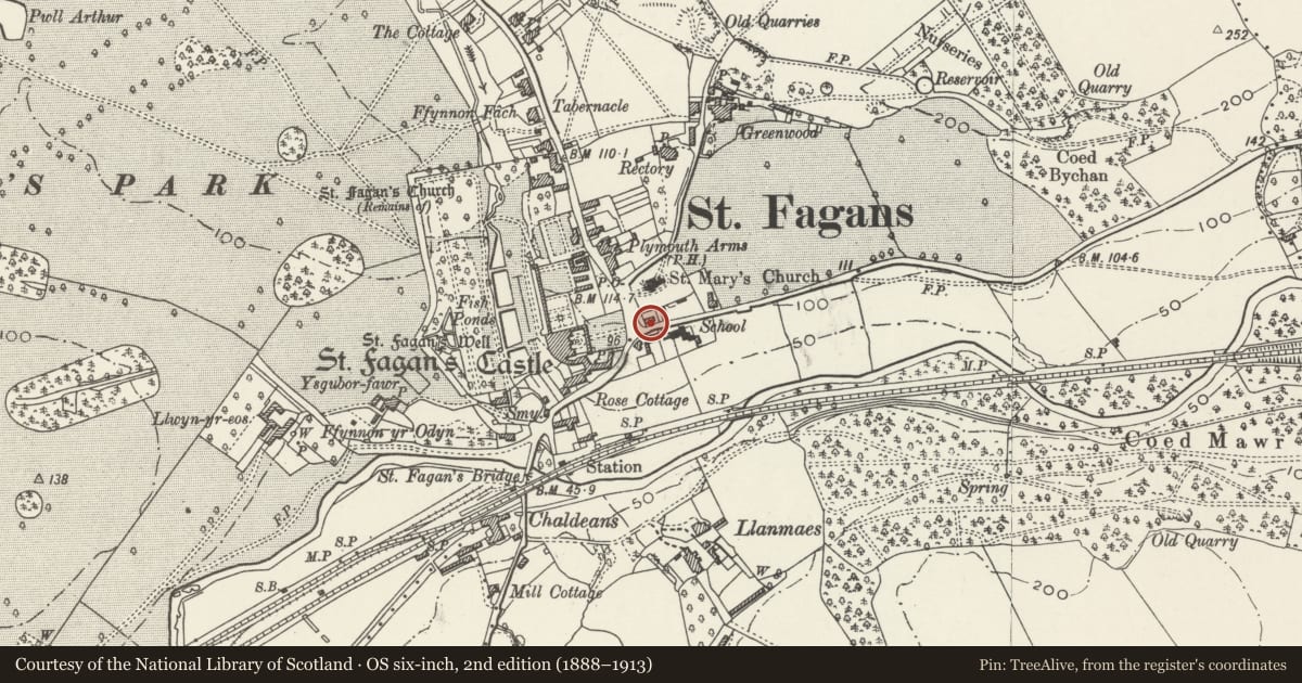 Ordnance Survey six-inch map, 2nd edition (1888–1913) covering the location of Garden Walls of Nos. 3 & 4, St. Fagans, Cardiff, with a pin at the register's coordinates