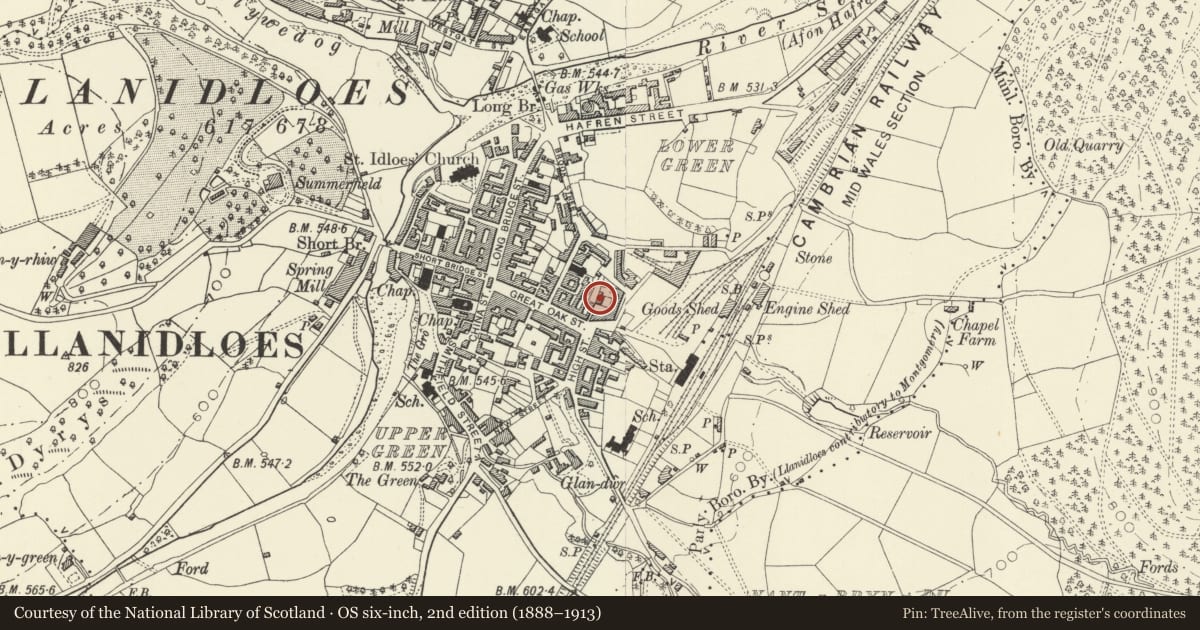 Ordnance Survey six-inch map, 2nd edition (1888–1913) covering the location of Titley Evans & Co (rear of), Llanidloes, Powys, with a pin at the register's coordinates