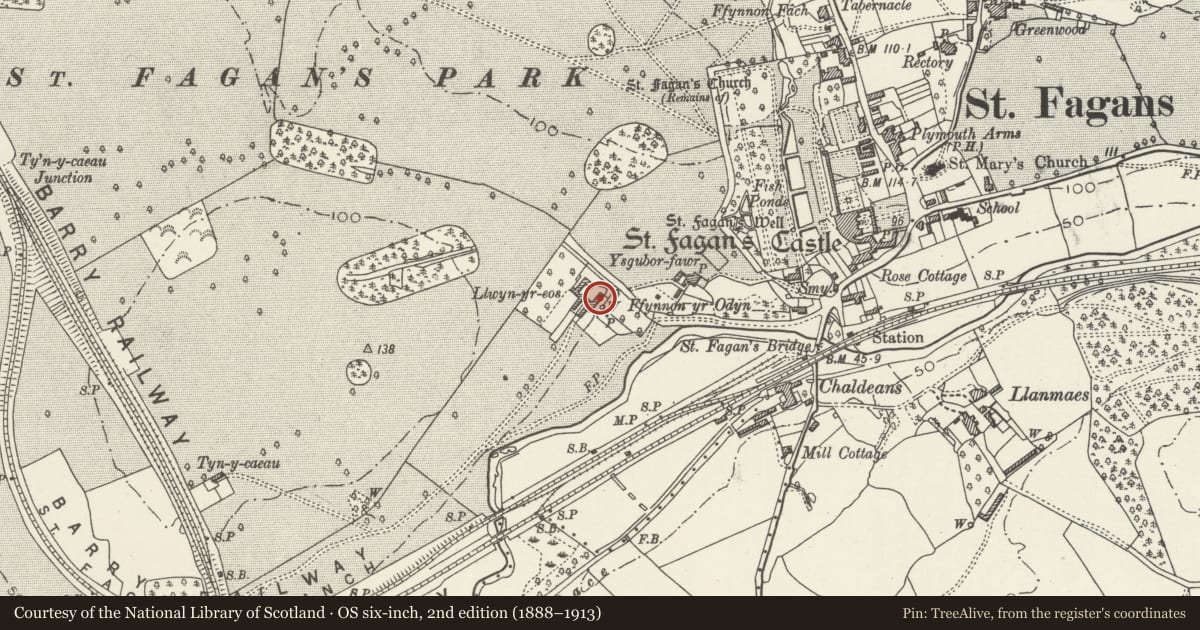 Ordnance Survey six-inch map, 2nd edition (1888–1913) covering the location of Implement Shed at Llwyn-yr-eos Farm, St. Fagans, Cardiff, with a pin at the register's coordinates