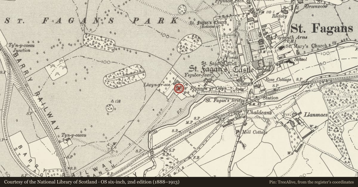 Ordnance Survey six-inch map, 2nd edition (1888–1913) covering the location of Llwyn-yr-eos Farmhouse, St. Fagans, Cardiff, with a pin at the register's coordinates