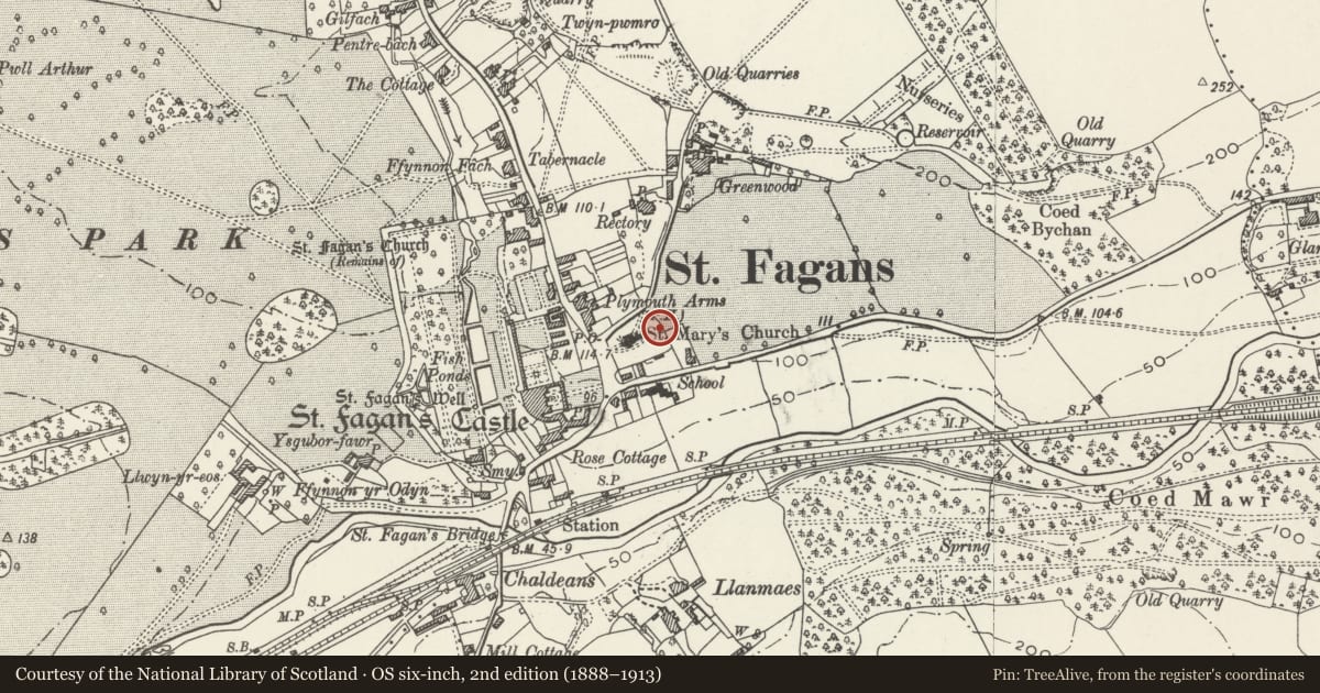 Ordnance Survey six-inch map, 2nd edition (1888–1913) covering the location of Memorial to the Reverend Lisle in Churchyard of Church of St Mary the Blessed Virgin, St. Fagans, Cardiff, with a pin at the register's coordinates