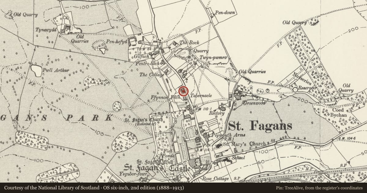 Ordnance Survey six-inch map, 2nd edition (1888–1913) covering the location of No. 1 Clive Cottages, St. Fagans, Cardiff, with a pin at the register's coordinates