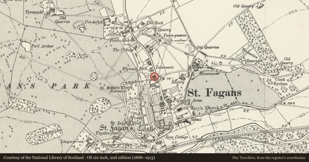 Ordnance Survey six-inch map, 2nd edition (1888–1913) covering the location of No. 2 Chestnut Cottages, St. Fagans, Cardiff, with a pin at the register's coordinates