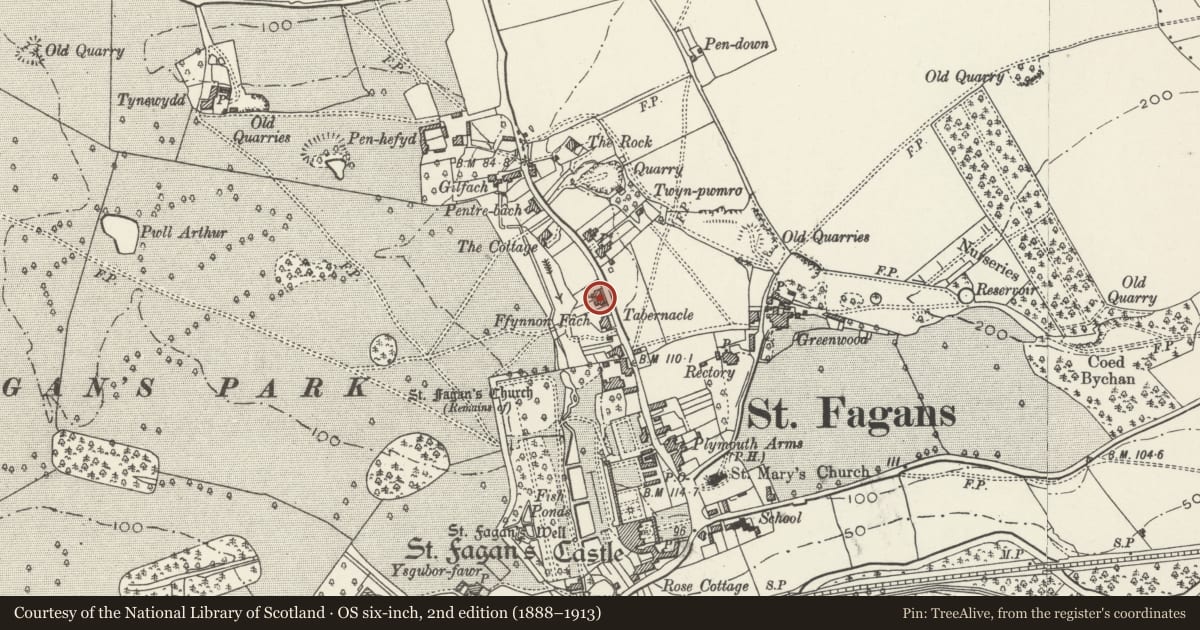 Ordnance Survey six-inch map, 2nd edition (1888–1913) covering the location of No. 2 Clive Cottages, St. Fagans, Cardiff, with a pin at the register's coordinates