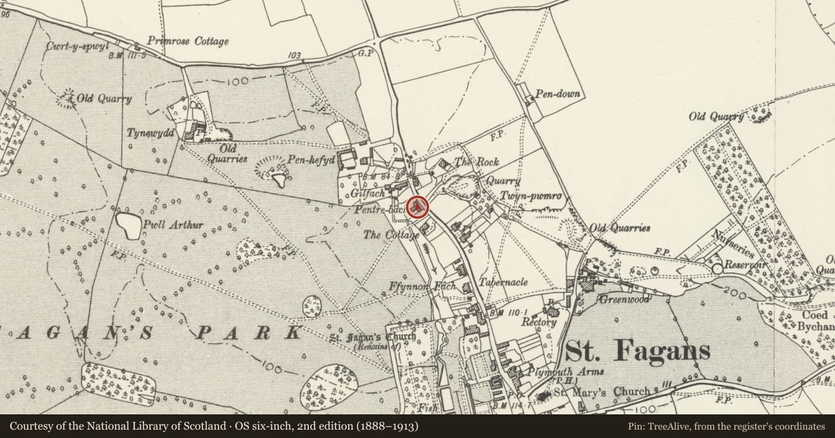 Ordnance Survey six-inch map, 2nd edition (1888–1913) covering the location of No. 2 Quarry Cottages, St. Fagans, Cardiff, with a pin at the register's coordinates