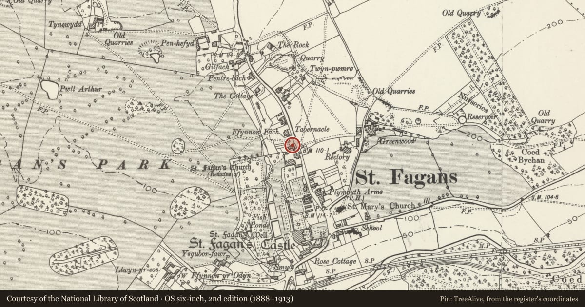 Ordnance Survey six-inch map, 2nd edition (1888–1913) covering the location of No. 3 Chestnut Cottages, St. Fagans, Cardiff, with a pin at the register's coordinates