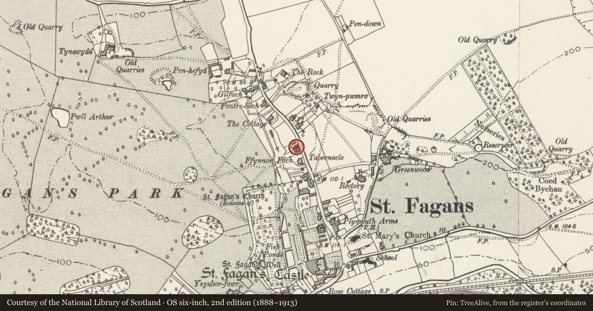 Ordnance Survey six-inch map, 2nd edition (1888–1913) covering the location of No. 3 Clive Cottages, St. Fagans, Cardiff, with a pin at the register's coordinates