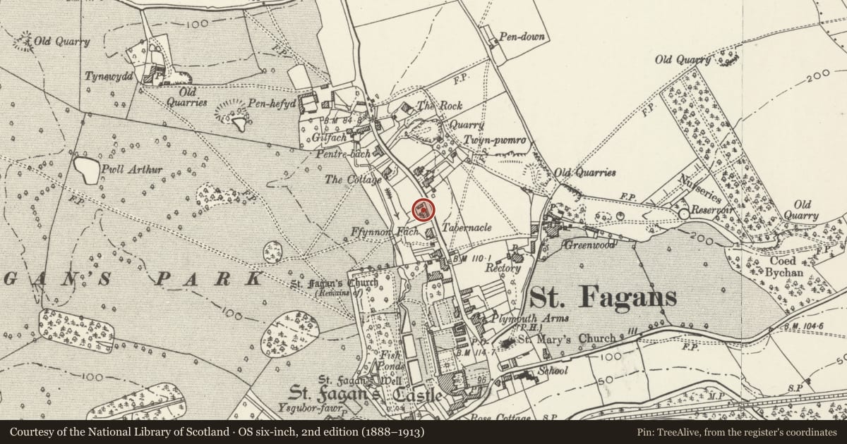 Ordnance Survey six-inch map, 2nd edition (1888–1913) covering the location of No. 4 Clive Cottages, St. Fagans, Cardiff, with a pin at the register's coordinates