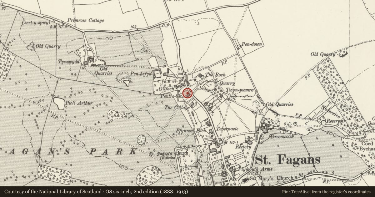 Ordnance Survey six-inch map, 2nd edition (1888–1913) covering the location of No. 4 Quarry Cottages, St. Fagans, Cardiff, with a pin at the register's coordinates