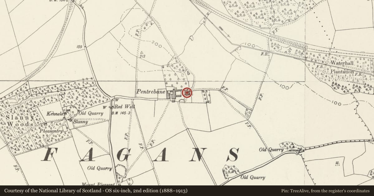 Ordnance Survey six-inch map, 2nd edition (1888–1913) covering the location of Pentrebane Farmhouse, St. Fagans, Cardiff, with a pin at the register's coordinates