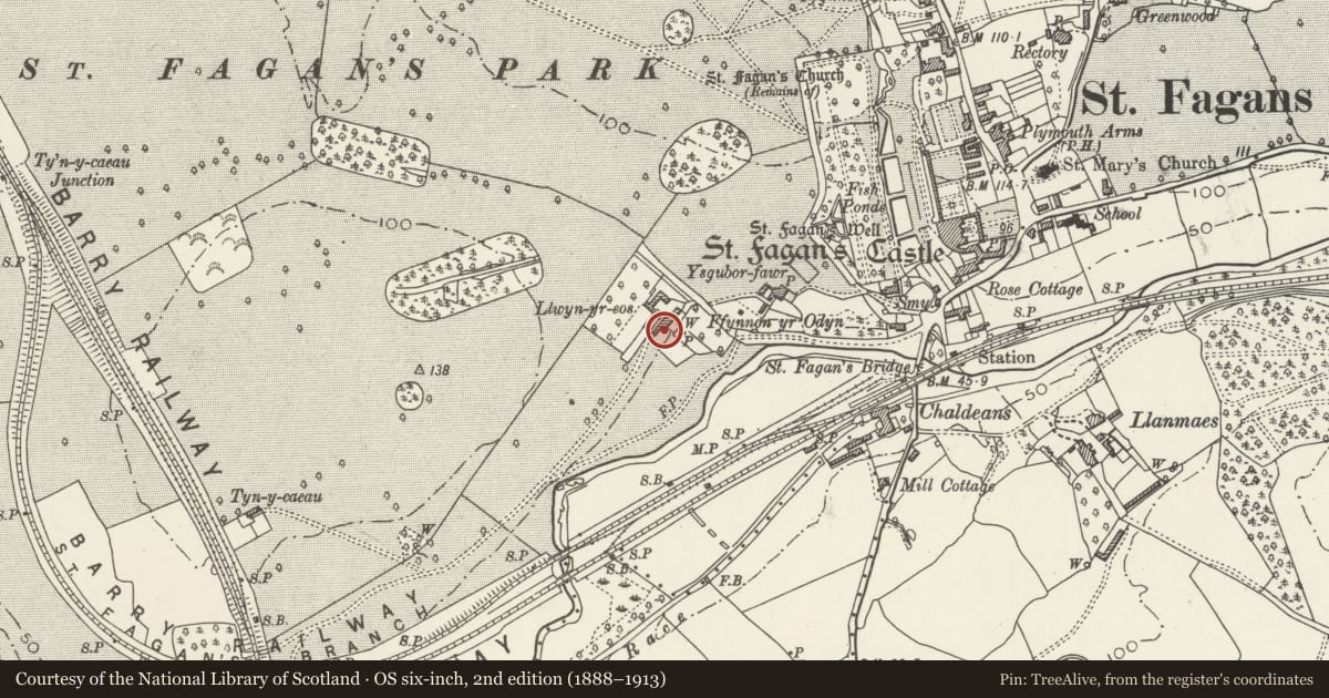 Ordnance Survey six-inch map, 2nd edition (1888–1913) covering the location of Privy at Llwyn-yr-eos Farm, St. Fagans, Cardiff, with a pin at the register's coordinates