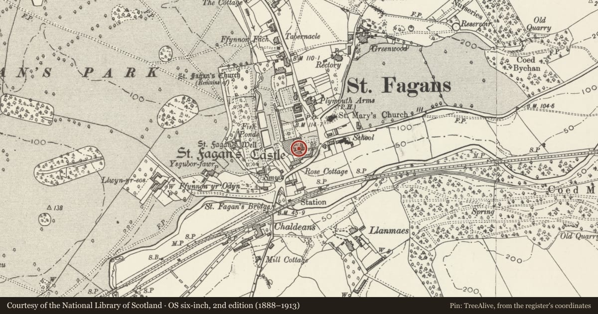 Ordnance Survey six-inch map, 2nd edition (1888–1913) covering the location of South Wall of Forecourt at St Fagans Castle, St. Fagans, Cardiff, with a pin at the register's coordinates