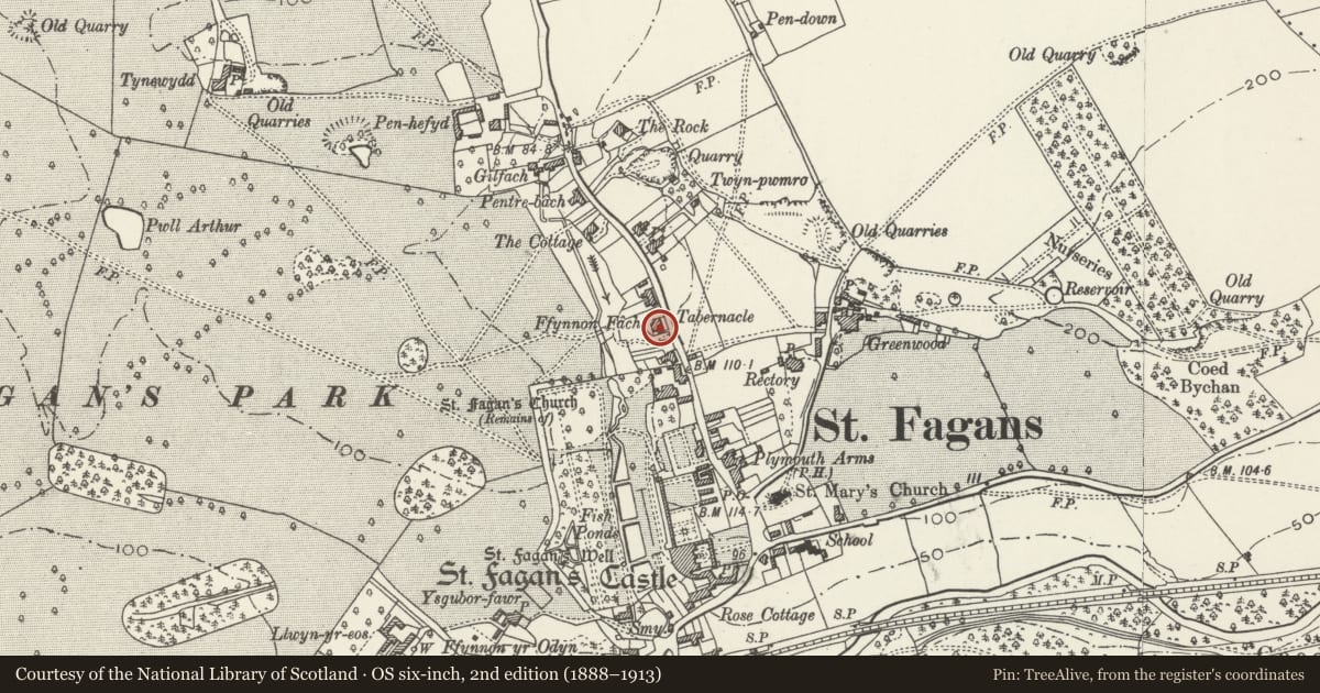Ordnance Survey six-inch map, 2nd edition (1888–1913) covering the location of Ty-cwrdd, St. Fagans, Cardiff, with a pin at the register's coordinates
