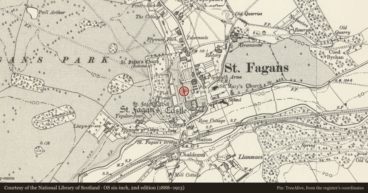 Ordnance Survey six-inch map, 2nd edition (1888–1913) covering the location of West wall of the Dutch Garden at St Fagans Castle with the battlement wall and watchtowers, St. Fagans, Cardiff, with a pin at the register's coordinates