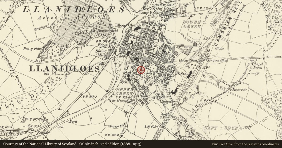 Ordnance Survey six-inch map, 2nd edition (1888–1913) covering the location of Perllandy (The Apple Tree), Llanidloes, Powys, with a pin at the register's coordinates