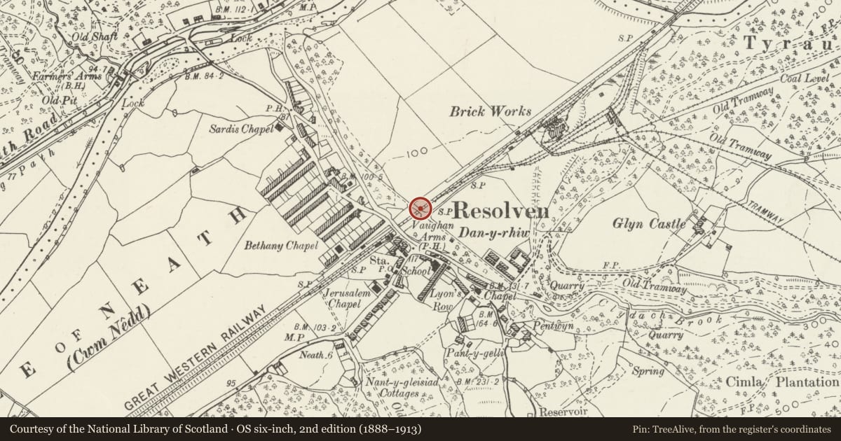 Ordnance Survey six-inch map, 2nd edition (1888–1913) covering the location of Bridge over former Vale of Neath Railway, Resolven, Neath Port Talbot, with a pin at the register's coordinates