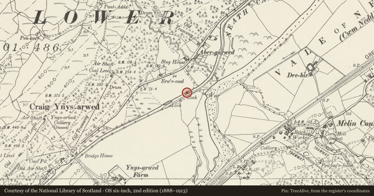 Ordnance Survey six-inch map, 2nd edition (1888–1913) covering the location of Bridge over Neath Canal at Abergarwed Lock, Resolven, Neath Port Talbot, with a pin at the register's coordinates