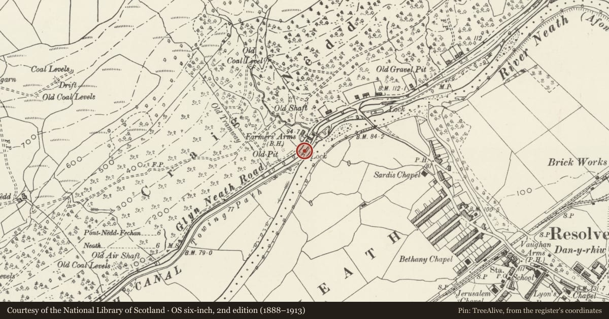 Ordnance Survey six-inch map, 2nd edition (1888–1913) covering the location of Bridge over Neath Canal at Farmer's Arms Lock, Resolven, Neath Port Talbot, with a pin at the register's coordinates