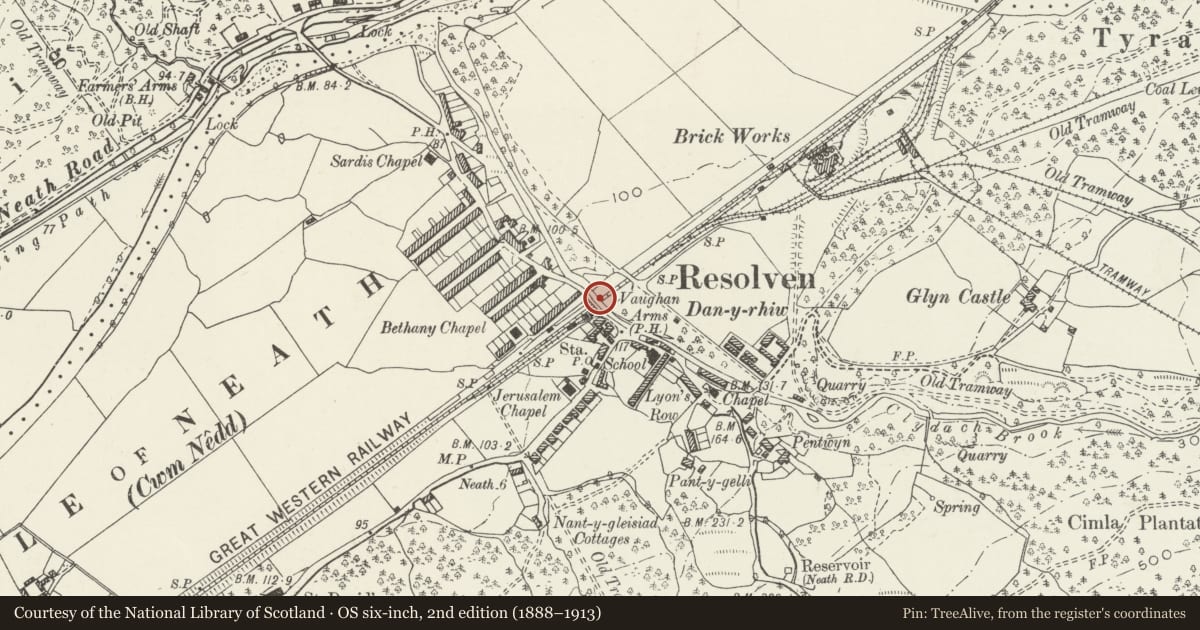 Ordnance Survey six-inch map, 2nd edition (1888–1913) covering the location of Clydach Brook aqueduct over former Vale of Neath Railway, Resolven, Neath Port Talbot, with a pin at the register's coordinates
