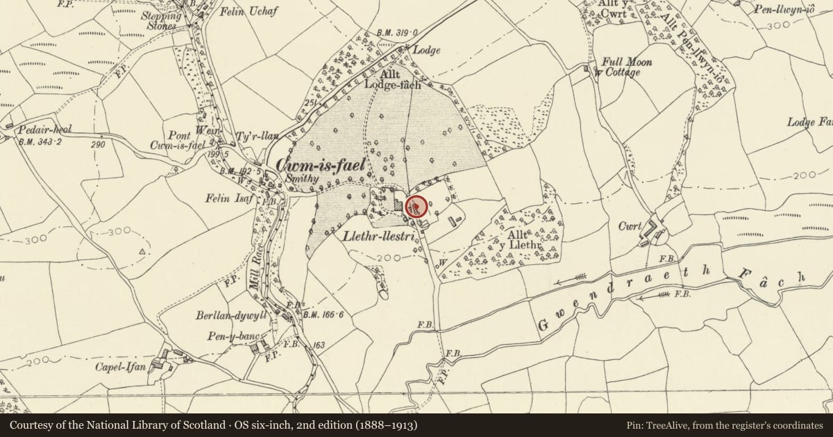 Ordnance Survey six-inch map, 2nd edition (1888–1913) covering the location of Former cart house and stable at Llethr Llestri, Llanddarog, Carmarthenshire, with a pin at the register's coordinates