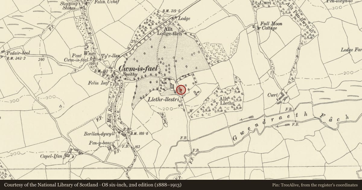 Ordnance Survey six-inch map, 2nd edition (1888–1913) covering the location of Former cow house at Llethr Llestri, Llanddarog, Carmarthenshire, with a pin at the register's coordinates