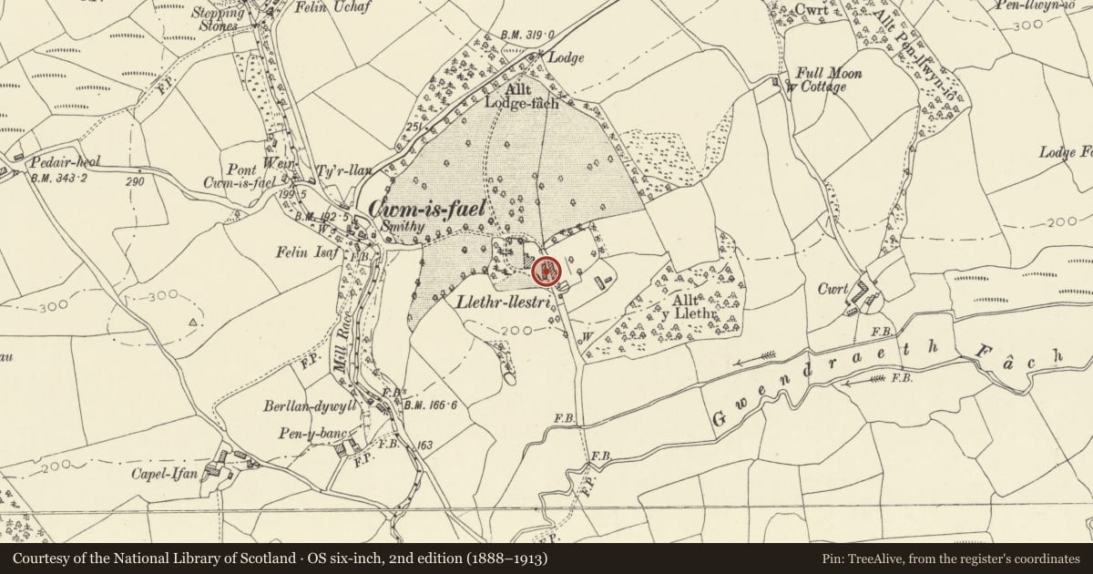 Ordnance Survey six-inch map, 2nd edition (1888–1913) covering the location of Old house and attached farm building at Llethr Llestri, Llanddarog, Carmarthenshire, with a pin at the register's coordinates