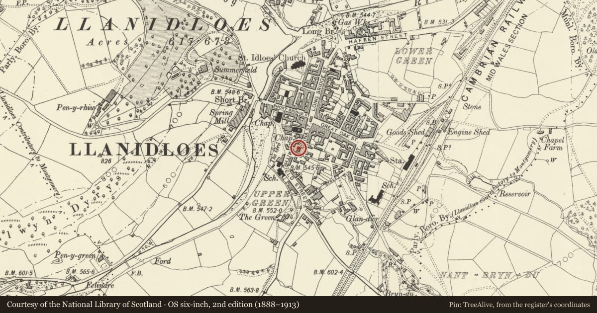 Ordnance Survey six-inch map, 2nd edition (1888–1913) covering the location of 20 China Street, Llanidloes, Powys, with a pin at the register's coordinates