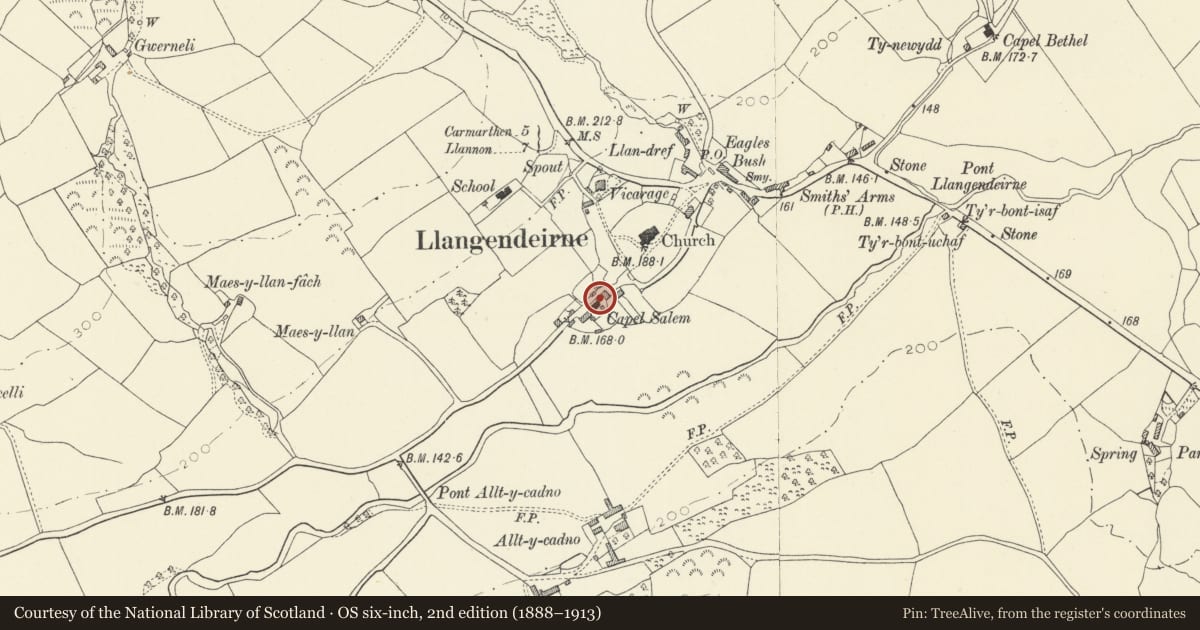 Ordnance Survey six-inch map, 2nd edition (1888–1913) covering the location of Bragdy, Llangyndeyrn, Carmarthenshire, with a pin at the register's coordinates