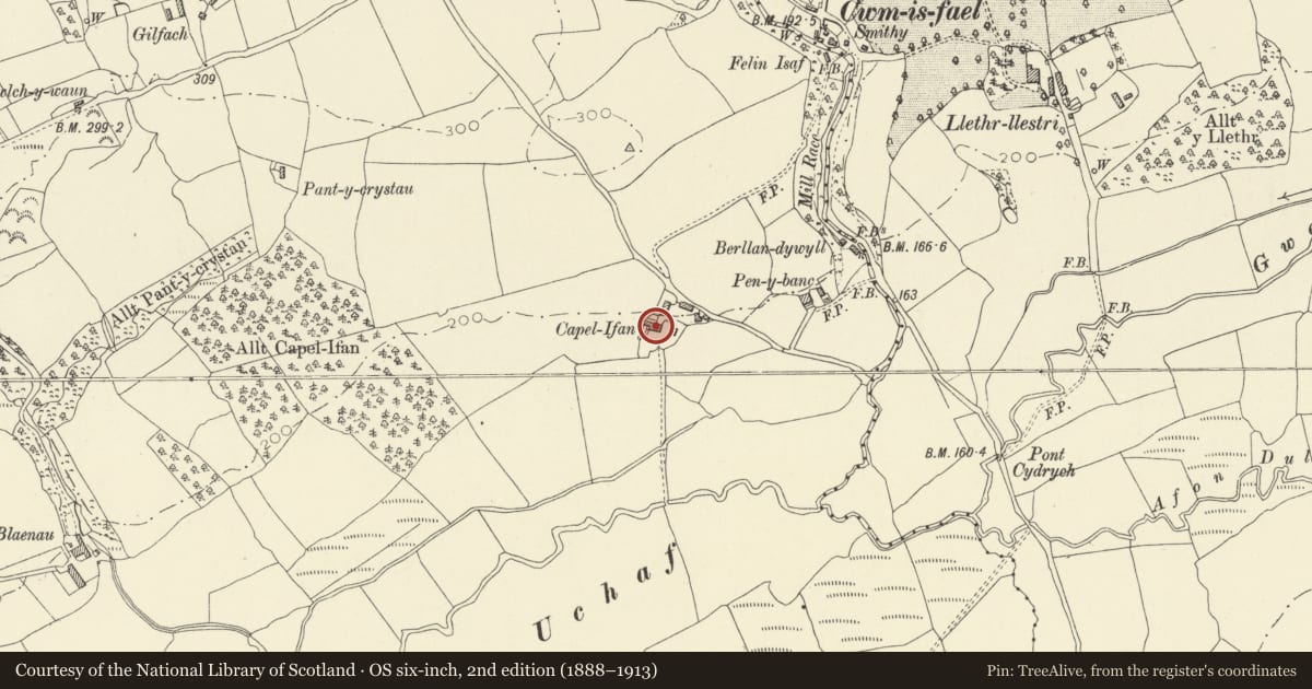 Ordnance Survey six-inch map, 2nd edition (1888–1913) covering the location of Capel Ifan, Llangyndeyrn, Carmarthenshire, with a pin at the register's coordinates