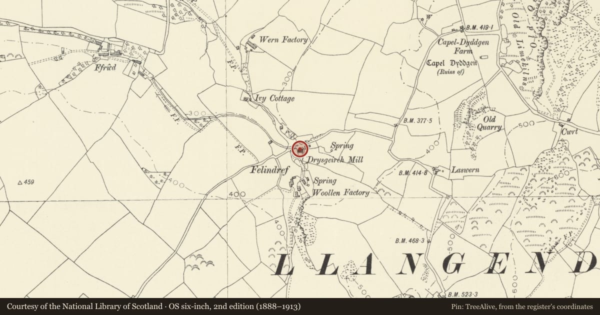 Ordnance Survey six-inch map, 2nd edition (1888–1913) covering the location of Drysgeirch Mill, Llangyndeyrn, Carmarthenshire, with a pin at the register's coordinates