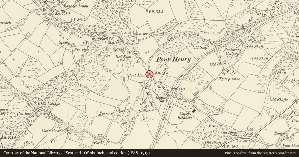 Ordnance Survey six-inch map, 2nd edition (1888–1913) covering the location of Pont Henri (partly in Llanelli Rural community), Llangyndeyrn, Carmarthenshire, with a pin at the register's coordinates