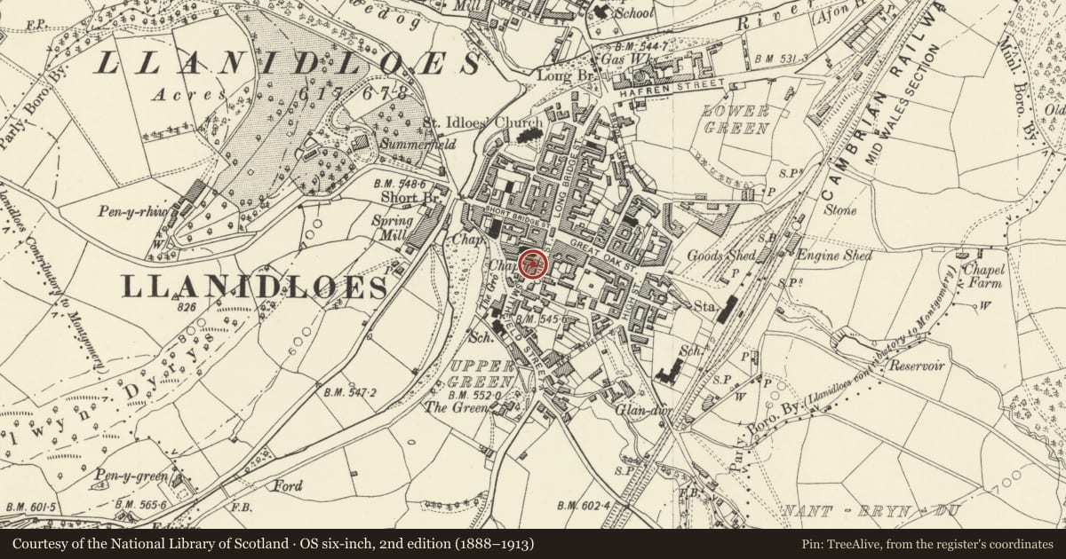 Ordnance Survey six-inch map, 2nd edition (1888–1913) covering the location of 22 China Street, Llanidloes, Powys, with a pin at the register's coordinates