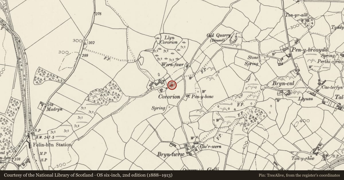 Ordnance Survey six-inch map, 2nd edition (1888–1913) covering the location of Former Cottages at Cororion, Llandygai, Gwynedd, with a pin at the register's coordinates