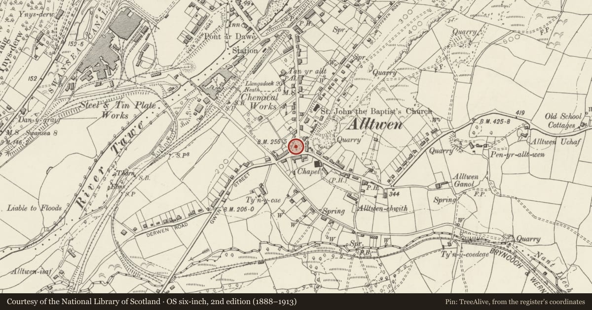 Ordnance Survey six-inch map, 2nd edition (1888–1913) covering the location of Memorial drinking fountain and railings, Cilybebyll, Neath Port Talbot, with a pin at the register's coordinates