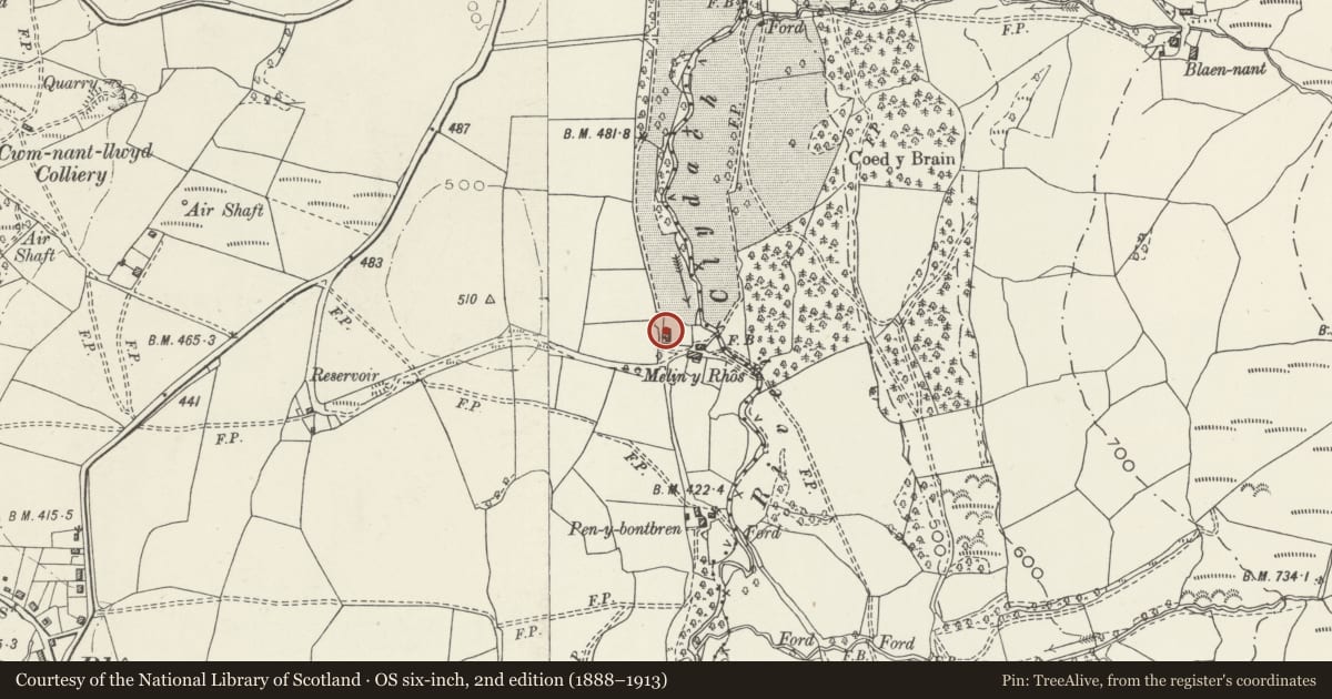 Ordnance Survey six-inch map, 2nd edition (1888–1913) covering the location of Outbuilding at The Mill, Cilybebyll, Neath Port Talbot, with a pin at the register's coordinates