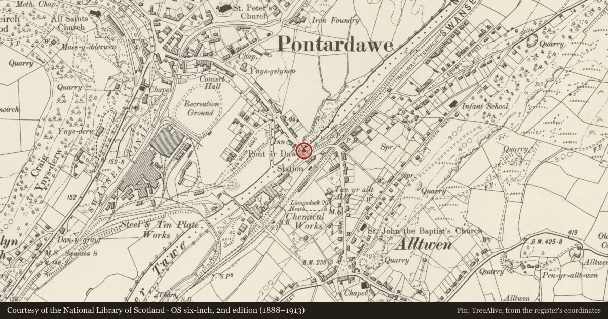 Ordnance Survey six-inch map, 2nd edition (1888–1913) covering the location of Pont ar Dawe (partly in Pontardawe community), Cilybebyll, Neath Port Talbot, with a pin at the register's coordinates