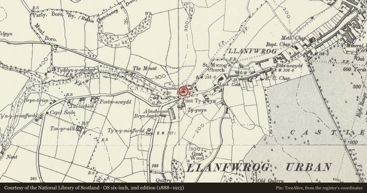 Ordnance Survey six-inch map, 2nd edition (1888–1913) covering the location of Glan Yr Afon, Ruthin, Denbighshire, with a pin at the register's coordinates