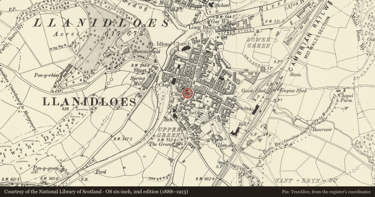 Ordnance Survey six-inch map, 2nd edition (1888–1913) covering the location of 23 China Street, Llanidloes, Powys, with a pin at the register's coordinates