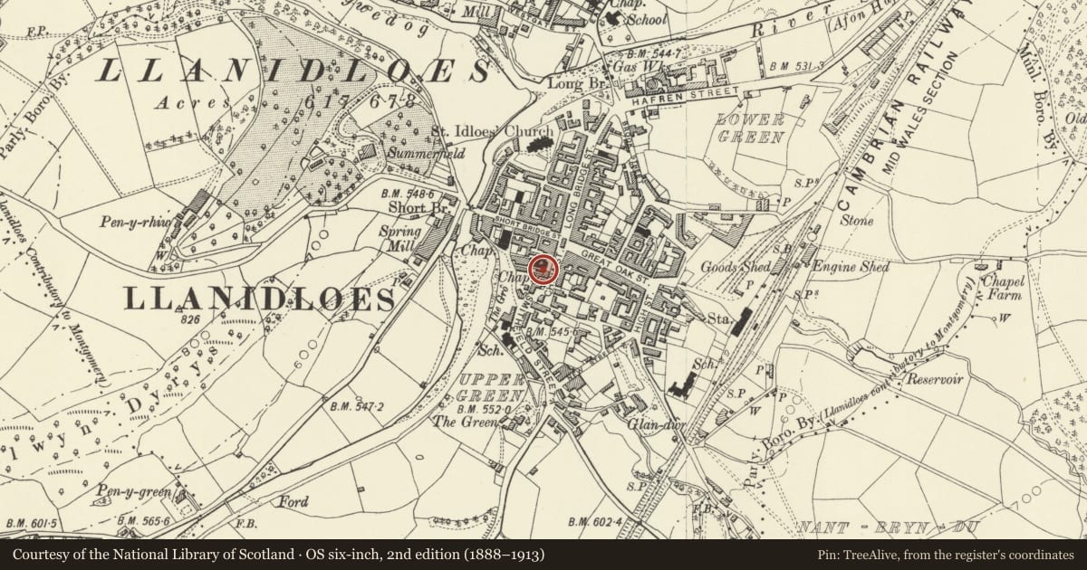 Ordnance Survey six-inch map, 2nd edition (1888–1913) covering the location of Fish & Chip Shop, Llanidloes, Powys, with a pin at the register's coordinates