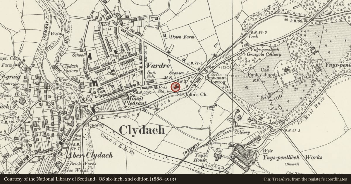 Ordnance Survey six-inch map, 2nd edition (1888–1913) covering the location of Church of Saint John the Baptist, Clydach, Swansea, with a pin at the register's coordinates